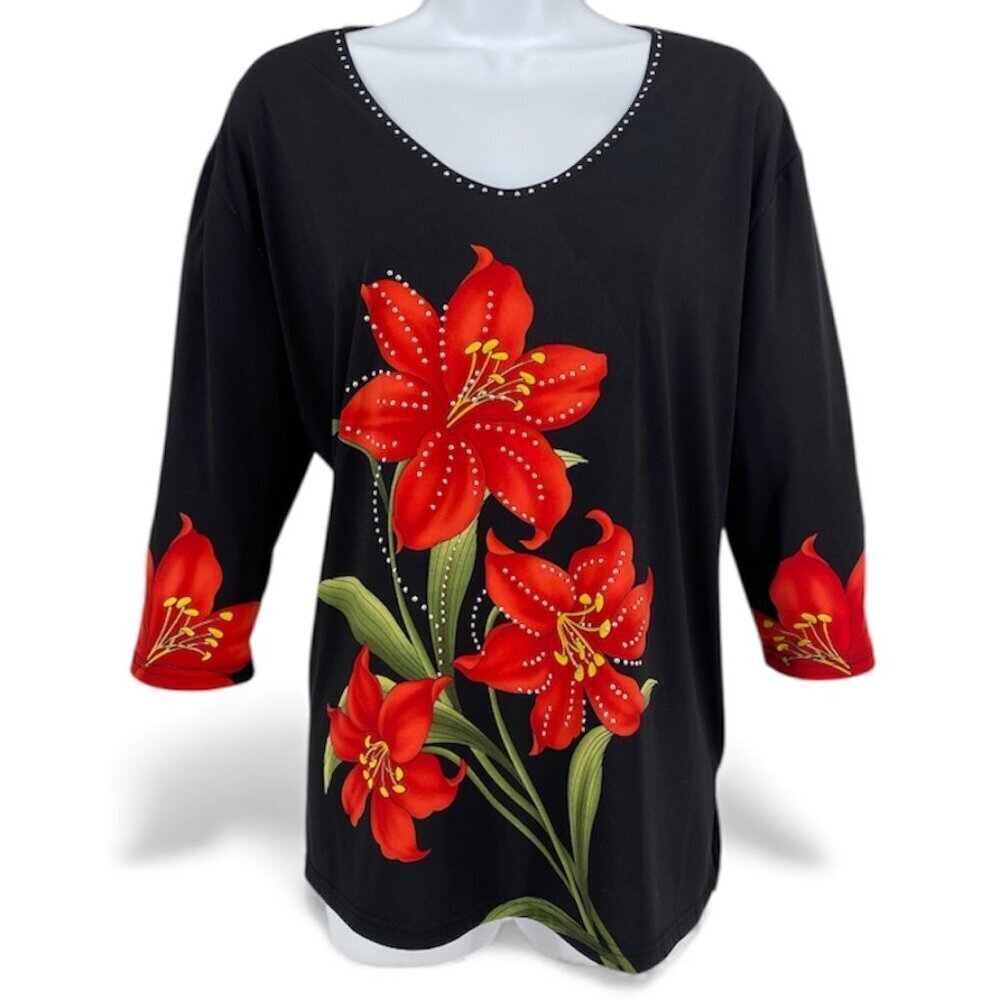 Valentina Red Lily Flower Studded Artsy Blouse Sz 1X